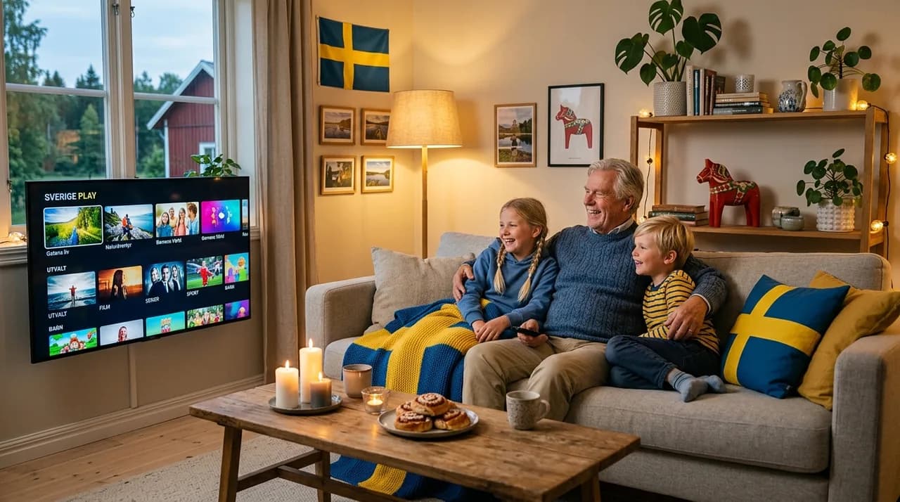 Familj ser på IPTV tillsammans i soffan en kväll
