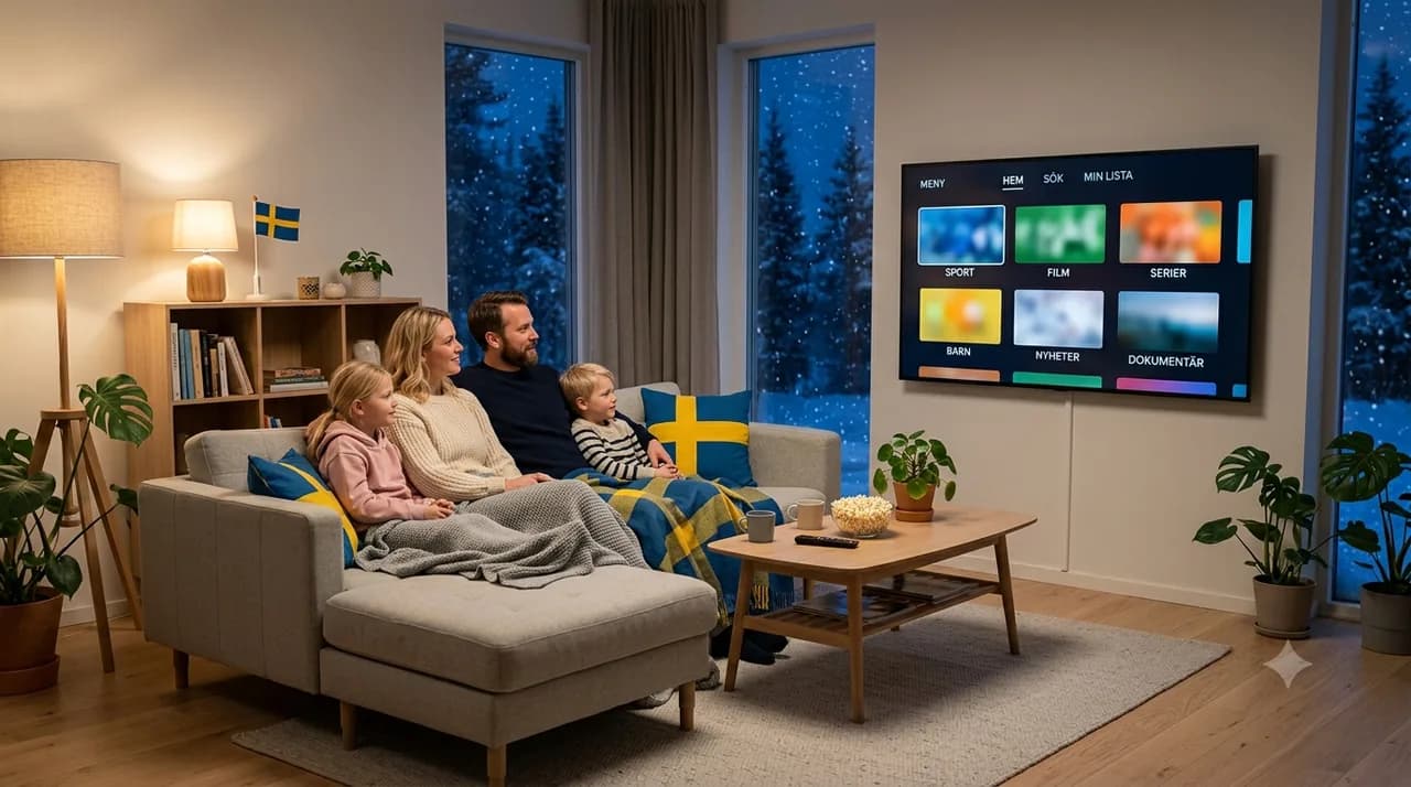 Familj ser på IPTV en snöig vinterkväll
