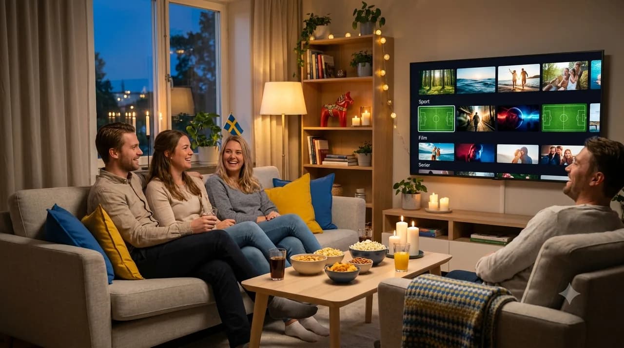 Man med katt ser på IPTV i mysigt svenskt hem