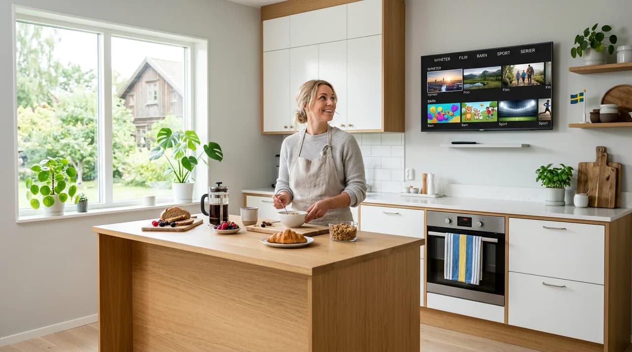 Kvinna ser på nyheter via IPTV i ljust köket på morgonen