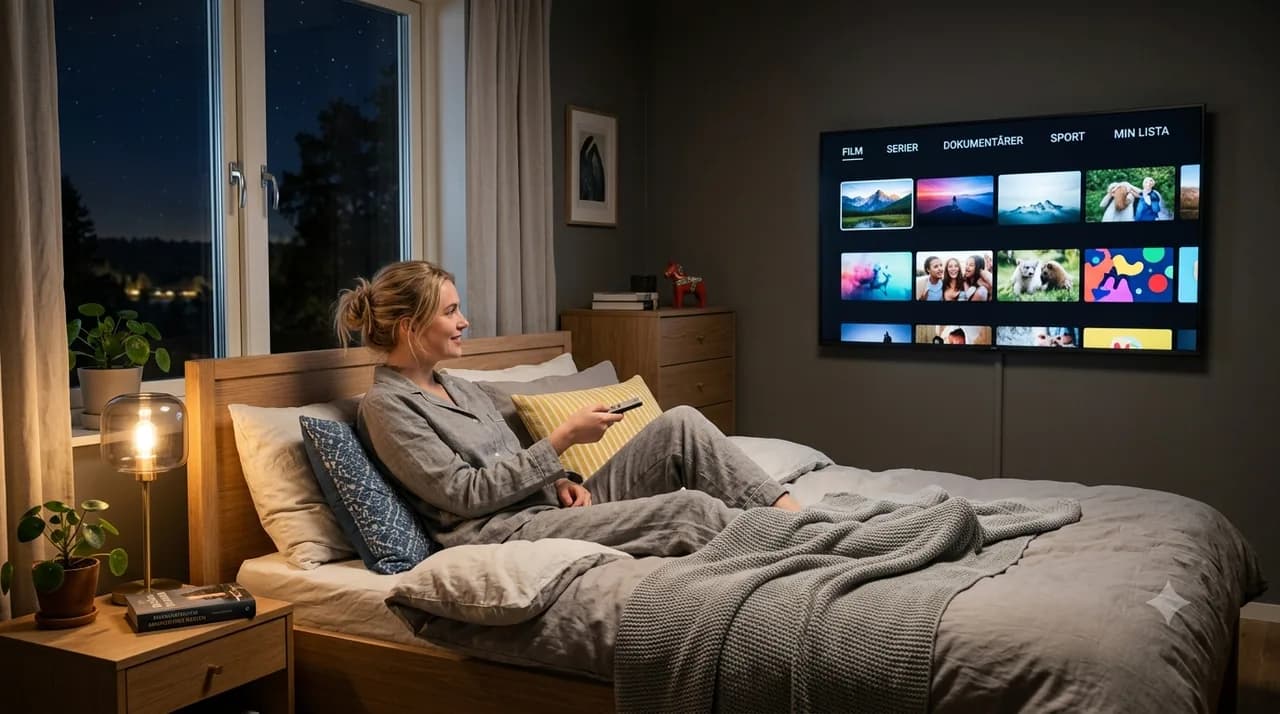 IPTV på smart-TV i mysigt sovrum en kväll