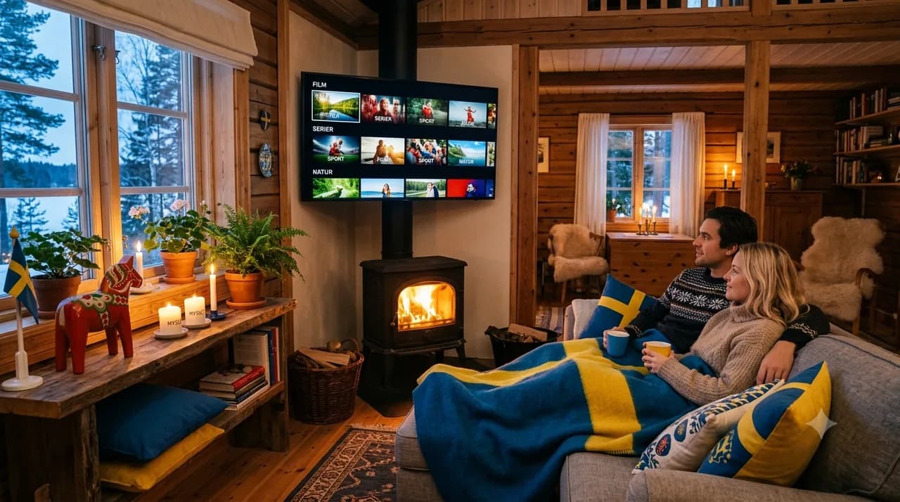 A couple relaxing with IPTV in a Swedish cabin by the fire