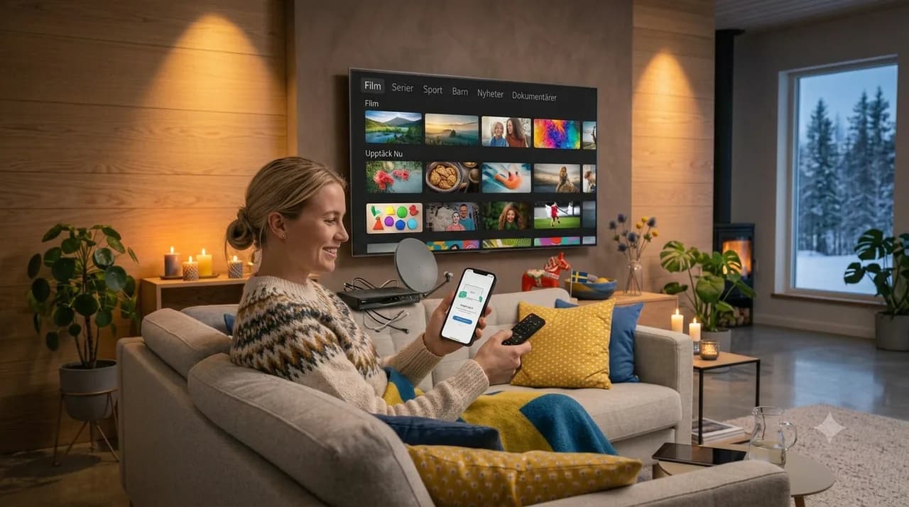 Kvinna ser på svensk IPTV i ljust vardagsrum