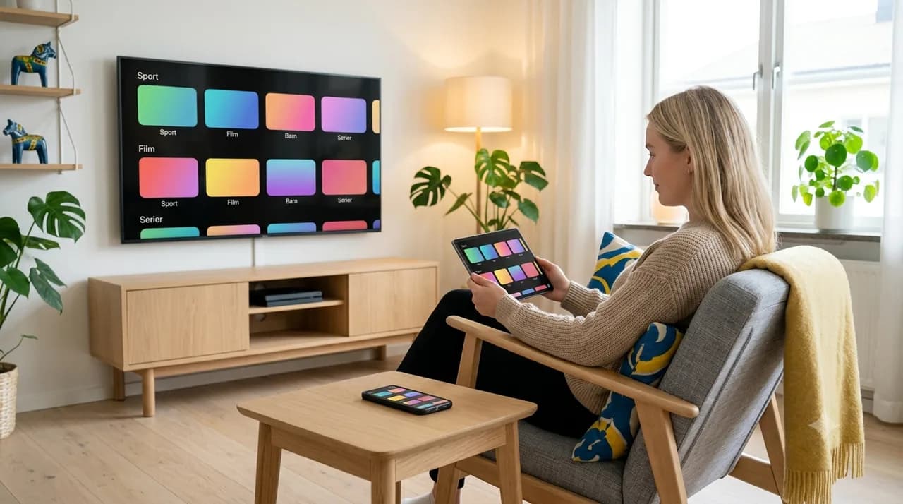 Kvinna som streamar nordisk IPTV på surfplatta i svenskt vardagsrum